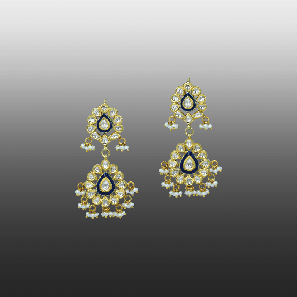 Double-Tier Floral Polki Earrings with Blue Enamel and Drops